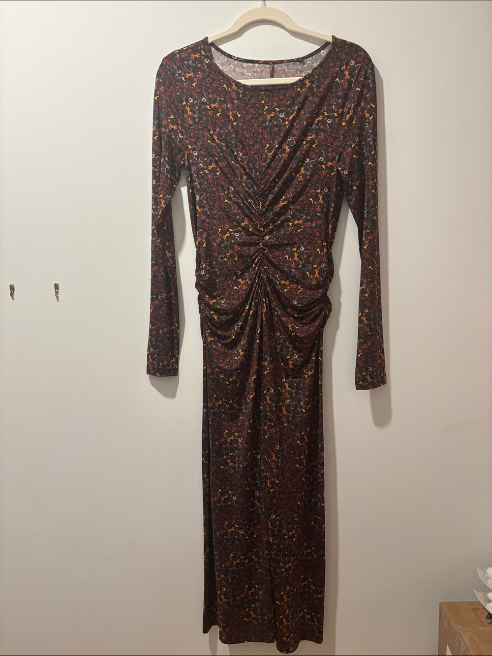 MM Lafleur Dark Floral Long-Sleeve Ruched Maxi Dress